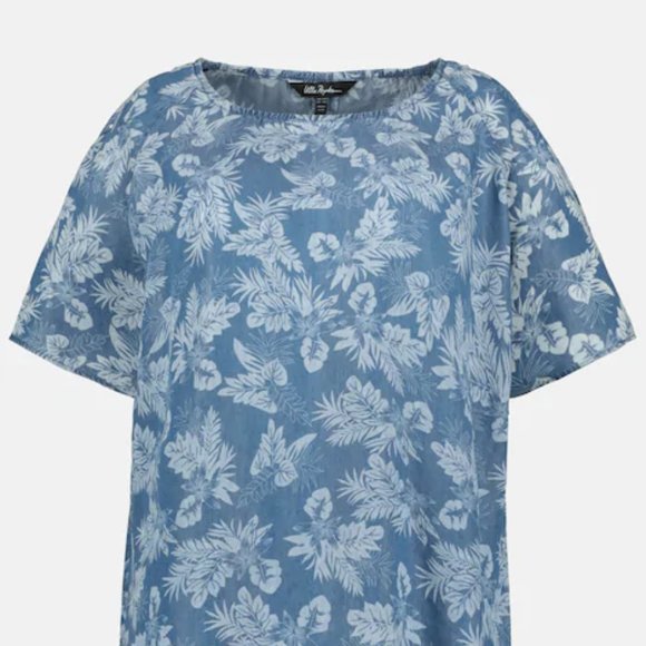 Leaf Print Denim Lyocell Blouse - Picture 1 of 6